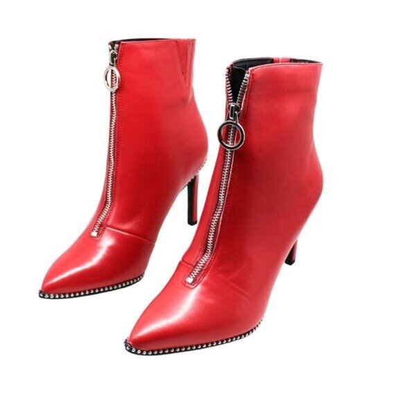 BAR III Womens Red Studded Ball Chain Front Zip Closure Ring Pull Booties - Picture 5 of 9